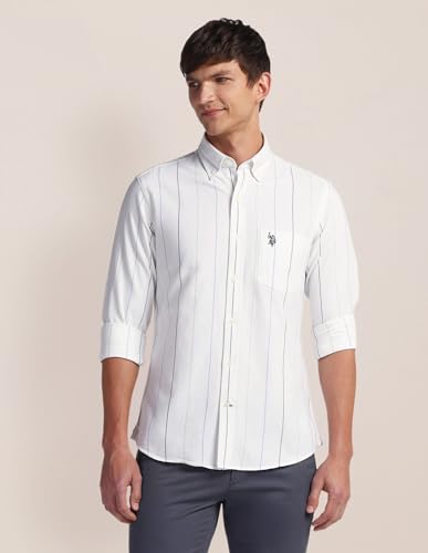 U.S. POLO ASSN. Mens White Striped Collared Neck Long Sleeve Men's Casual Shirts (USSHTFX0528_White_48)