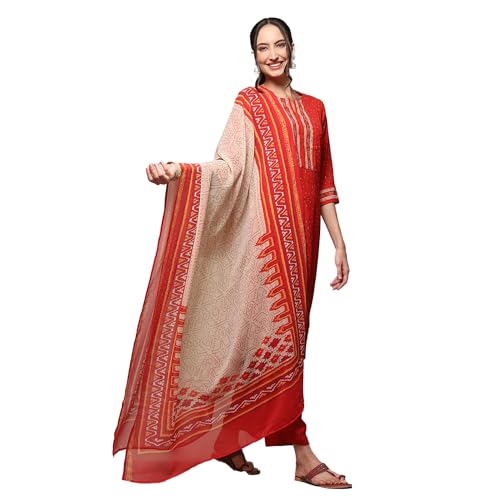 BIBA Women's Polyester Salwar Suite Set (Red)