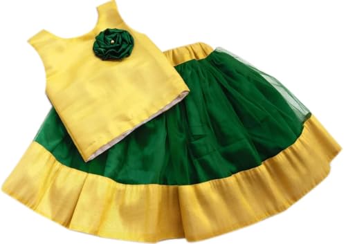 Stanwells Kids GirlsLehnga Choli Net Flared Ruffle Pattern Dress Sleeveless Beautiful Ethnic Beautiful Flower Traditional Full Length Girl Lehnga Choli(Green & Yellow)(3-4Years)