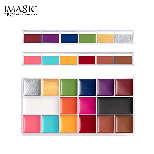 Beauty World Imagic Abstract Geometric 16 Color Face Paint Palette designed with a plastic transparent case. With safety ingredients, oil-based formula, creamy texture, and 16 pigmented and vibrant colors
