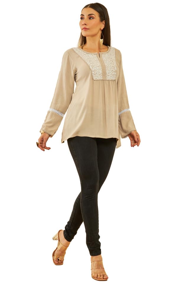 Soch Womens Beige Crepe Yoke Design Embroidery Tunic with Lace