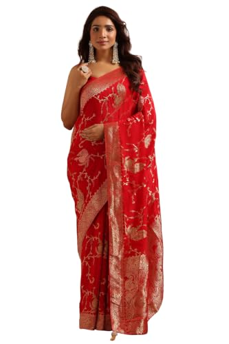 Soch Womens Red Satin Bird Motifs Zari Woven Saree