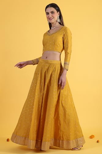W for Woman Yellow Metallic Embroidery Crop Top & Skirt with Dupatta Set (Size: XL)-24AUWS31123-400772