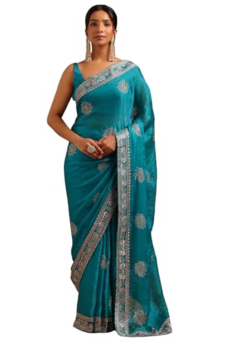 Soch Womens Turquoise Blue Fendy Organza Floral Saree With Zari Embroidery and stone work