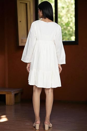 W for Woman Floral Schiffli Embroidered Fit and Flare Cotton Dress - White (W12599-221213-XS)
