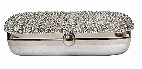 DUCHESS Women's Velvet Pearl Box Clutch with Detachable Chain Sling Strap - Hand Clutch Wallet Purse for Wedding Party, Casual (Silver,7 x2x 4 inches)