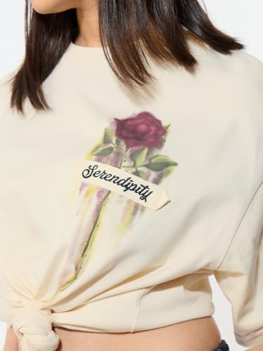 The Souled Store Serendipity Women and Girls Short Sleeves Round Neck Cream Embroidered Cotton Oversized Premium Fabric Breathable Oversized T-Shirt