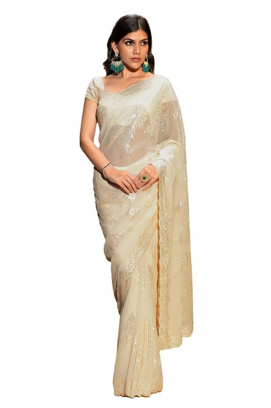 Soch Womens Cream Georgette Saree With Sequins