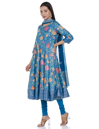 BIBA Women Cotton Anarkali Printed Suit Set (SKDSMERBLOOM9596SS24TEAL_Green