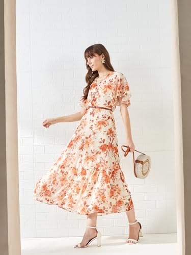 Latin Quarters Women's Rust Short Sleeves V-Neck Printed Casual Maxi Dress_L