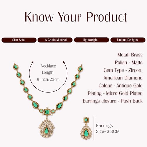 ZYRA JEWELS Celebrity Inspired Emerald Green AD Necklace Set | Gold Plated Kundan Style Traditional Designer Jewellery with Earrings for Women and Girls