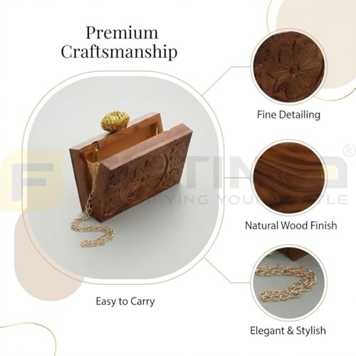 FITTINGO Wooden Clutch Purse for Women 11.5 x 5.5 x 19 cm | Rectangular Handcrafted Wooden Purse Bag with Chain | Stylish Hard Wood Clutch for Party Wedding Casual Use Premium Wooden Handbag- Model 3