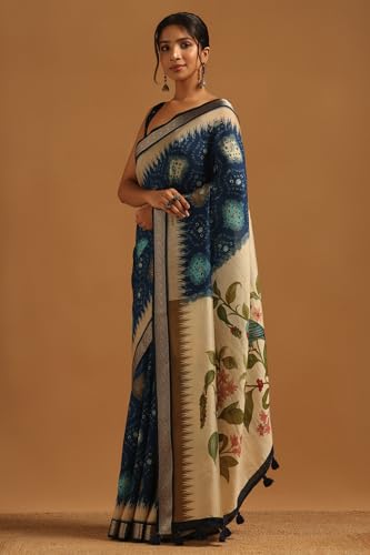 Soch Womens Blue Poly Viscose Botanical Saree