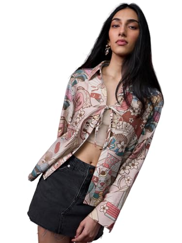 The Souled Store Japanese Art: Women and Girls Full Sleeves Collared Beige Conversational Printed Viscose Nylon Blend Regular Fit Lightweight Winter-Ready Tie-Up Shirt