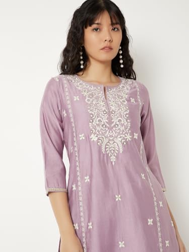 Max Women Embroidered Straight Kurta Set(Purple_M)
