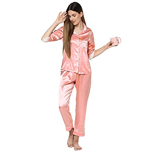 Sweet Dreams Women Satin Polka Dots 3/4th Sleeve Shirt & Pyjama Set-Peach-M