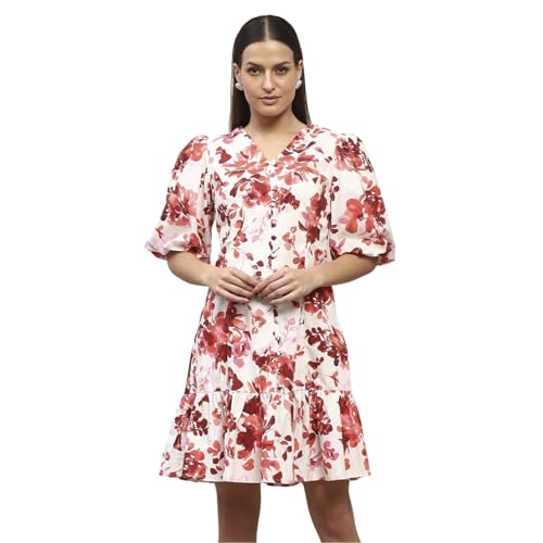 Madame Cotton Floral Print Tiered Red Mini Dress for Women