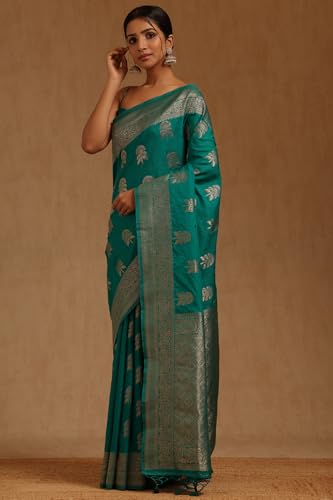 Soch Womens Teal Tussar Floral Zari Woven Saree