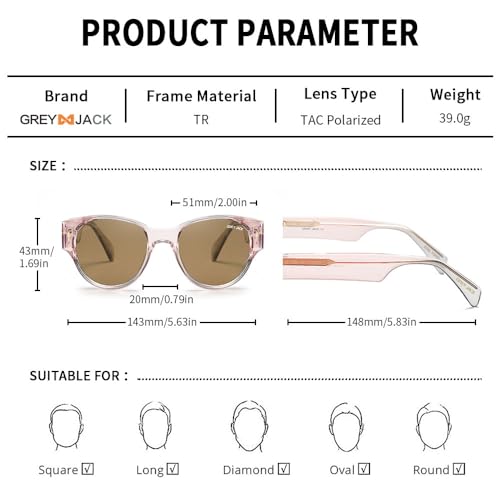 grey jack Oval TR90 Frame Polarized Sunglasses for Men Women,Classic Restro UV Protected Eyewear 3319 Transparent Pink Frame Brown Lens