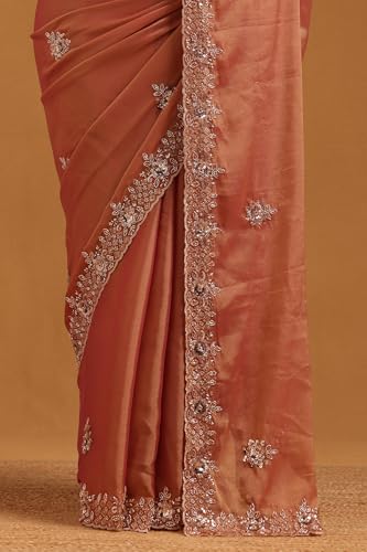 Soch Womens Rust Tissue Floral Saree With Sequins