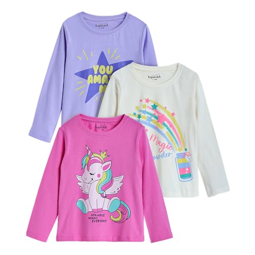 Hopscotch Girls Full Sleeves Multi 3-Pack Unicorn Cotton T-Shirts for Ages (4-5 Years)