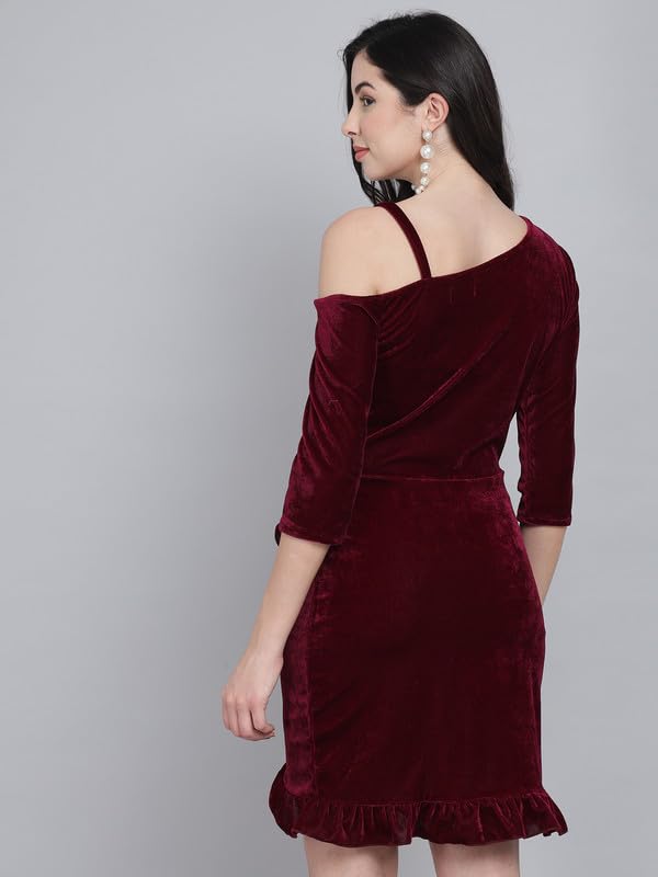 Vaararo Bodycon Party Dress for Women with Hemline Ruffles | One Shoulder Quarter Sleeves Shiny Velvet Outfit Wine X-Small