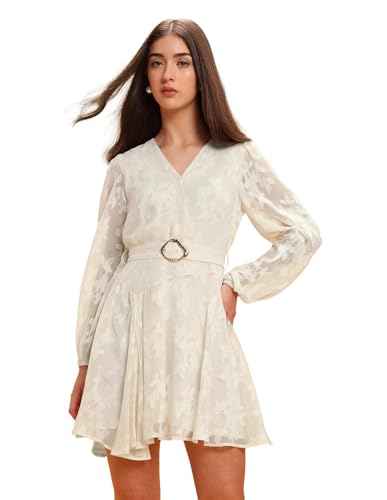 U.S. POLO ASSN. Women Abstract Printed Fit & Flare Dress with Belt (UWAW25DRS181_Beige_L)