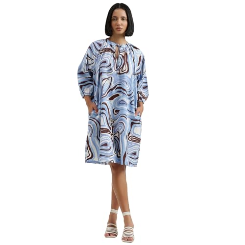 United Colors of Benetton Regular Fit Mandarin Collar Printed Dress (Size : L) - 26P4WVNDR329I902 Blue