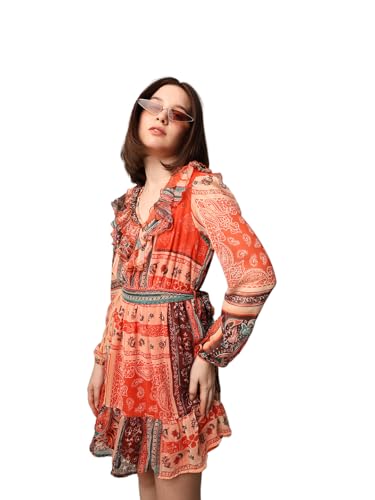 ONLY Women Paisley Printed Casual Orange Fit and Flare Dress
