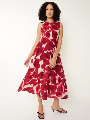 Max Women Printed A-line Midi Dress (White_M)