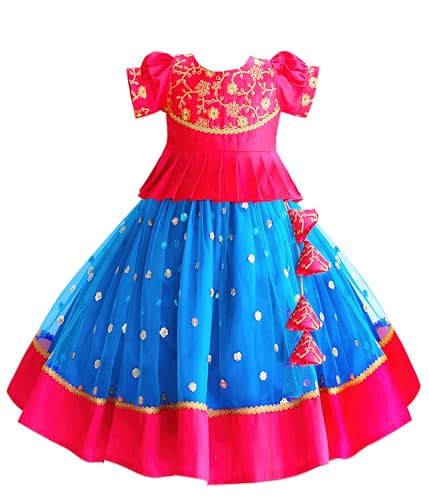 Stanwells Kids Gilrs Lehnga Choli Ruffle Pattern Dress Puff Sleeves Beautiful Ethnic Hand Sequins Embroidery Beautiful Flower Front Traditional Knee Length (SkyBlue & Pink)(12-24months)