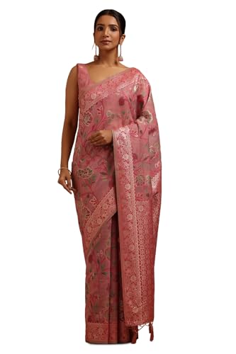 Soch Womens Blush Pink Chanderi Floral Zari Woven Saree