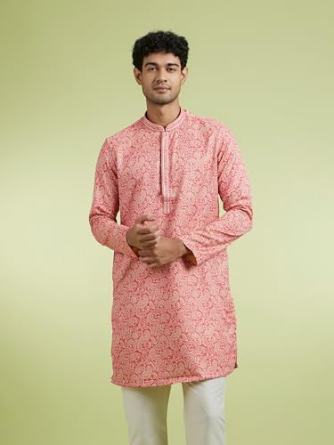 DIWAS BY MANYAVAR Men's Art Silk Printed Festive Kurta Set (2pc) (Pink, M)