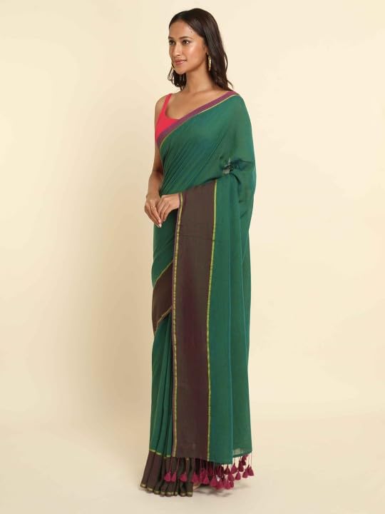 Suta Green Purple Solid Cotton Blend Saree