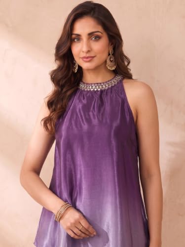 Varanga Women Purple A Line Kurta Set Sleeveless Mirror Work