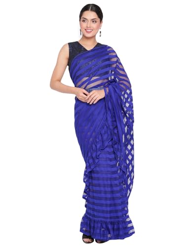 Ahalyaa Women's Blue Color Crepe Striped Readymade Saree