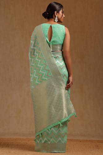 Soch Womens Light Green Linen With Zari Woven Saree With Zari Woven