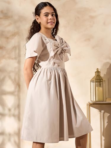 Max Girl's Cotton A-Line Midi Dress (B25KGOFSDR563_Cream