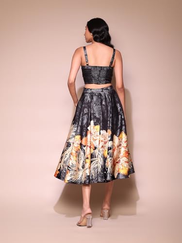 Label RITU KUMAR Black Floral Top with Skirt Co-ord Set