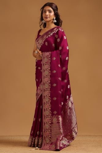 Soch Womens Wine Satin Zari Woven Saree