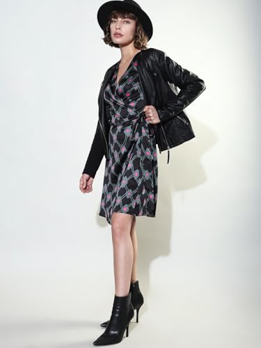 VERO MODA Women Printed Polyester Knee Length Black Wrap Dress