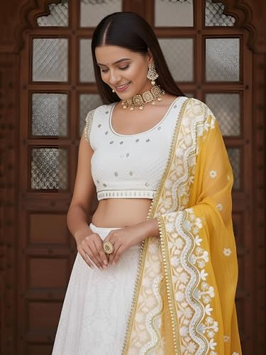 Zeel Clothing Women's Sequins Thread Embroidered Work Georgette Semi-Stitched Lehenga Choli With Dupatta (6018-White-Wedding-Lehenga-Choli, Free size) (White)