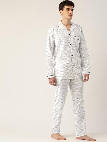 Hancock Men Cotton Printed Pyjama Set White Size S
