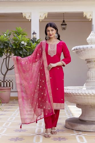 VARNI FABRICS: A lady's First Love Women's Viscose Chanderi Pink Embroidered Kurta Pant With And Bandhani Print Dupatta Set (IN, Alpha, 2XL, Regular)
