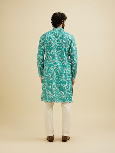 Manyavar Men's Cotton Blend Printed Kurta (Teal Green,XL)