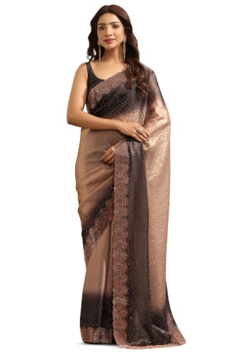 Soch Womens Brown Fendy Organza Ombre Stone Embellished Saree
