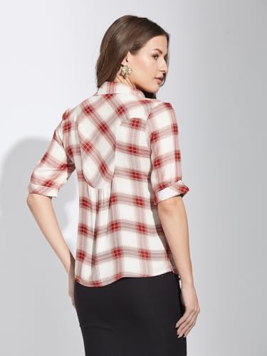 Latin Quarters Women Red Collar Neck Half Sleeves Checked Shirt Blouse for Casual Wear_XL