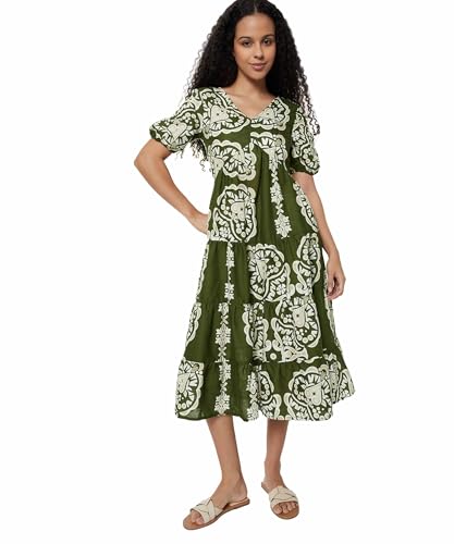 Max Women Printed Tiered Dress(Green_S)