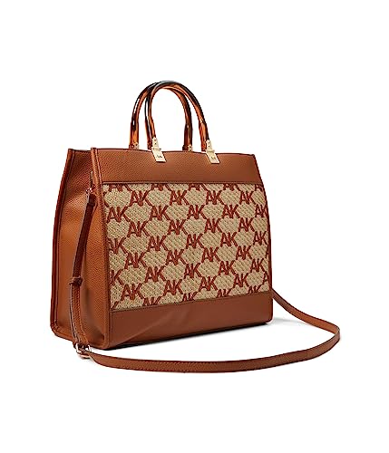 Anne Klein Large Tote in Embroidered AK Straw, Saddle-Natural/Saddle, Saddle-natural/Saddle, One Size