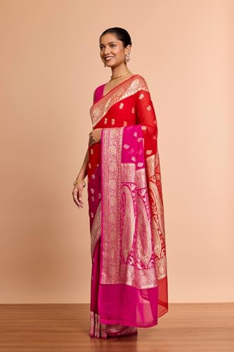 Taneira Women Red Pure Silk Georgette Cutwork Banaras Saree With Unstitched Blouse Piece (SAIP08AB6616-Red)